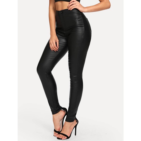 Denim - High Waist High Stretch vegan Leather coated Skinny Jeans black